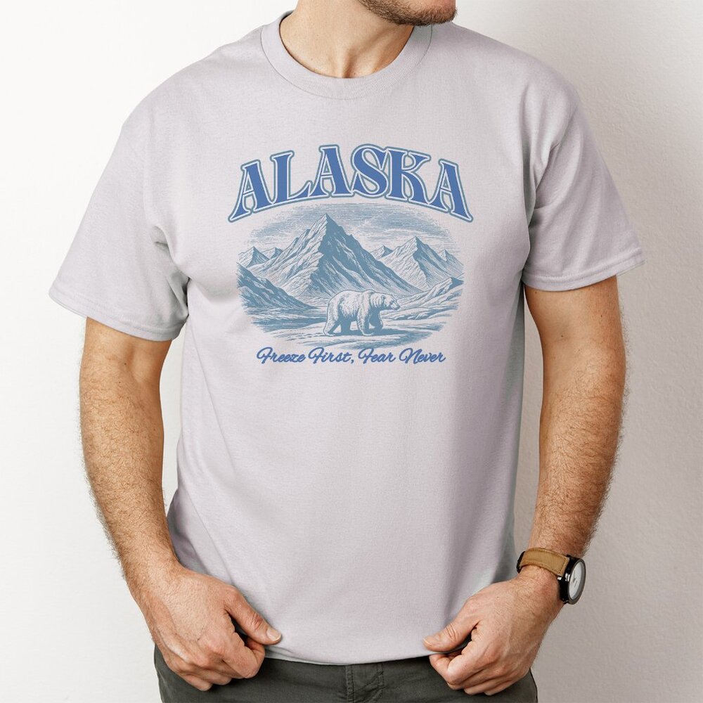 Alaska Mountain Bear Graphic Tshirt Freeze First Fear Never Outdoor Shirt - Picture 3 of 6